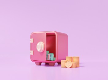 banknote in safe box ,security, coins, earn finance saving money concept. cartoon style minimal on purple pastel background, copy space, 3d render illustration 