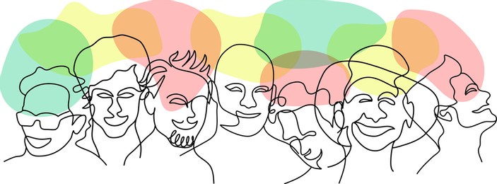 one line art surreal abstract human face of men with thought bubble. conceptual of  diverse people are sharing their ideas and thoughts.