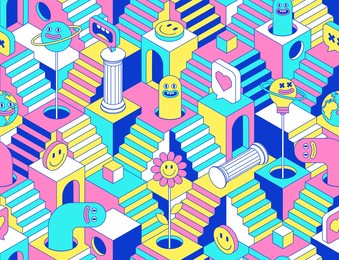 surreal seamless pattern with stairs, steps, labyririnth, secrets, sculpture, emoji, rainbow, arch, comic characters. vector background in trendy psychedelic weird cartoon style.
