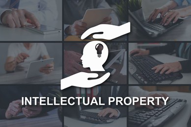 intellectual property concept illustrated by pictures on background