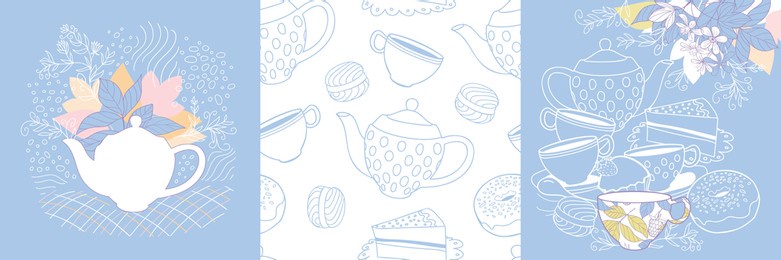 tea party. set of graphic vector illustrations. good for advertising, packaging, websites, blogs, social media posts, greeting cards, diy projects