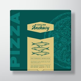 pizza with seafood anchovy fish realistic cardboard box mockup. abstract vector packaging design or label. modern typography, sketch food and color paper background layout. isolated.