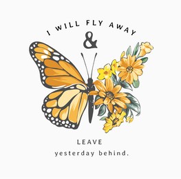 typography slogan with yellow flowers in butterfly half shape vector illustration