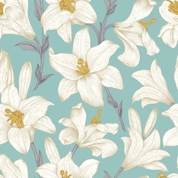seamless vector floral pattern. white royal lilies flowers on a mint background.