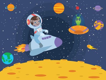 astronaut vector concept. little boy riding a spaceship while meeting alien in the space
