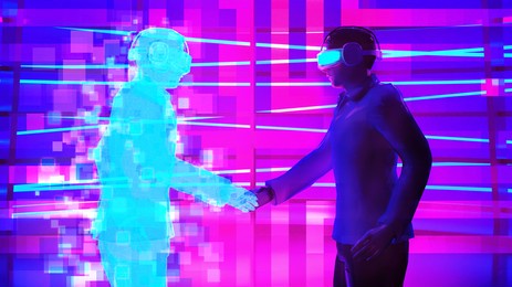 business man wear virtual glasses is shaking hand with hologram graphic , futuristic communication concept. 3d rendering picture.