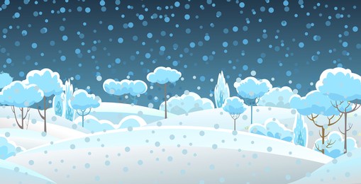 rural winter. snowy beautiful landscape. night. cartoon style. snowdrifts. hills and trees. snow. frosty cold. romantic beauty. flat design illustration. vector art