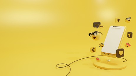 3d social media platform, online social communication app concept, emoji, web page, search icon, chat and chart on colorful background. 3d illustration