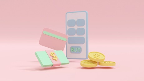 3d rendering concept of money saving icon, money management. dollar bill, coin, pie chart, arrow, graph and credit card on pink background. 3d render. 3d illustration.