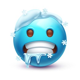 cold emoji. freezing emoticon, icy blue face with gritted teeth, icicles and snow cap 3d stylized vector icon