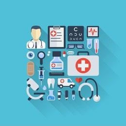 vector illustration of flat colored icons with long shadows. abstract medicine background with medical, health, healthcare, doctor, pills, cross symbols. design elements for mobile, web applications.