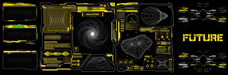 abstract digital technology ui, ux futuristic hud, fui, virtual interface. callouts titles and frame in sci- fi style. bar labels, info call box bars. futuristic info boxes layout templates. hologram