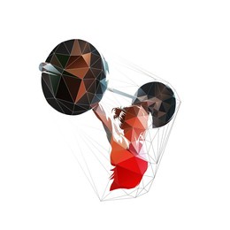 weightlifting, woman lifting big barbell, bodybuilding. isolated low polygonal vector illustration, geometric drawing from triangles, female bodybuilder logo