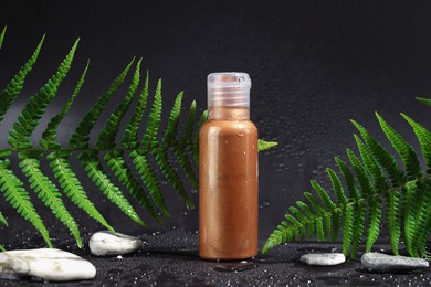 make-up shimmer mousse foundation concealer bronzer and highlighter creamy powder or self-tanner on a dark background with a plant and water drops.