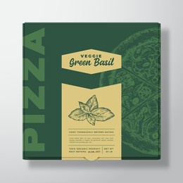 pizza with basil herb realistic cardboard box mockup. abstract vector packaging design or label. modern typography, sketch food and color paper background layout. isolated.