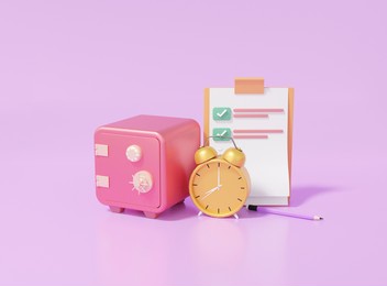 checklist on a clipboard paper safe box and alarm clock gold, asset exchange earning finance saving concept. cartoon style minimal on purple pastel background, copy space, 3d render illustration