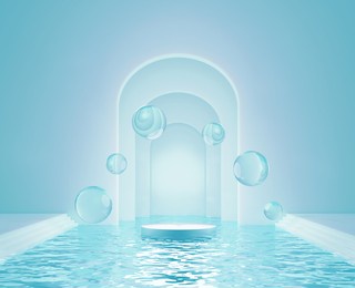 3d rendering floating podium and water drops above ocean with the arch background. minimal light blue color scheme. moisturizer cosmetic product concept.