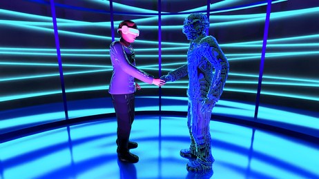 man wear virtual glasses is shaking hand with hologram graphic in cyberspace area  , futuristic communication scifi concept. 3d rendering picture.