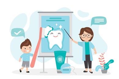 dentist with boy explains about hygiene rules. child with toothbrush shows how to brush teeth correctly. health and oral hygiene lesson for school children. dental presentation. vector illustration