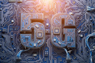 5g technology development, semiconductor productivity growth concept backgound. 5g chip on computer matherboard. 3d illustration