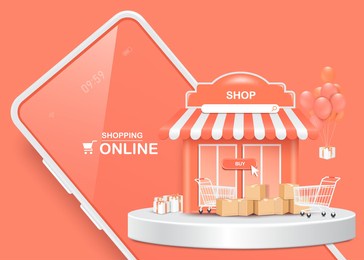 gift boxes, parcel boxes, shopping carts, and shops and all object is on a smartphone for delivery and shopping online concept,vector 3d isolated on pastel pink background