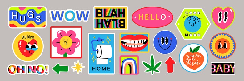 set of various patches, pins, stamps or stickers. abstract funny cute comic characters. different phrases and words. hand drawn trendy vector illustration. cartoon style. all elements are isolated.