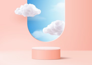 background vector 3d pink rendering with podium and minimal cloud scene, minimal product display background 3d rendered geometric shape sky cloud pink pastel. stage 3d render product in platform