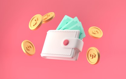 bundle of cash wallet and floating coins. money-saving, cashless society concept. 3d render illustration. bright pink background.