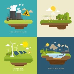 ecology concept vector icons set for environment, green energy and nature pollution designs. nuclear power plant and deforestation. flat style.