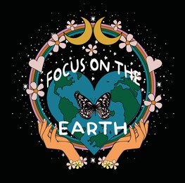 70's retro groovy slogan print flowers, stars, women hands and heart planet earth - hipster graphic vector pattern for tee - t shirt and sweatshirt