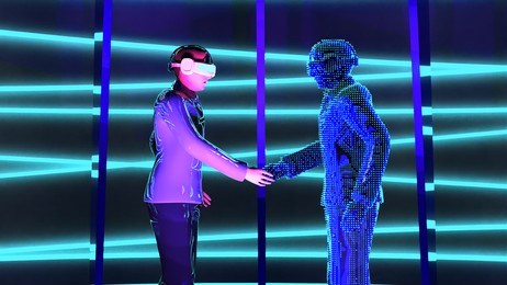 close up man wear virtual glasses is shaking hand with hologram graphic in cyberspace area  , futuristic communication scifi concept. 3d rendering picture.