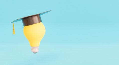 light bulb with graduation hat on blue background with space for text. education concept. 3d render
