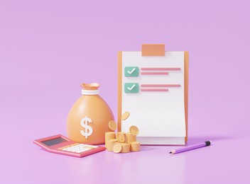 checklist on clipboard paper ,financial transactions. transactions for cost reduction saving concept , calculator, bags money orange, purple background. 3d rendering