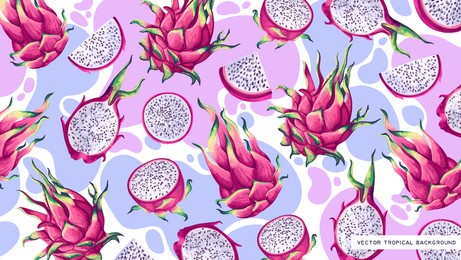 bright vector background for desktop on computer, tablet, phone with tropical fruits of cactus pitaya, dragon fruit. detailed hand-drawn plants on background of colored dots. cover for social networks
