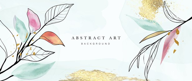 abstract art background vector. luxury minimal style wallpaper with golden line art flower and botanical leaves, organic shapes, watercolor. vector background for banner, poster, web and packaging.
