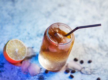 refreshing summer trend drink espresso tonic, colored neon lighting