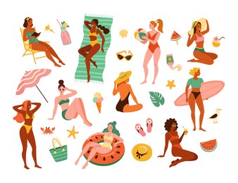 women on a beach. vector illustration of young cartoon diverse women in swimsuits in different actions: in the swim ring, sunbathes, with a surfboard, and reading, surrounded by beach accessories