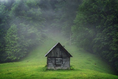 alone mysterious house in the green forest. dramatic scene. carpathian mountains, ukraine, europe. 