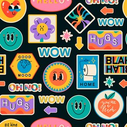 various patches, pins, stamps, stickers. funny cute comic characters. different phrases and words. hand drawn trendy vector illustration. cartoon style. abstract square seamless pattern, wallpaper