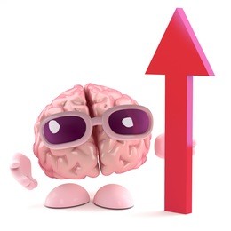 3d render of a brain with a red upward pointing arrow