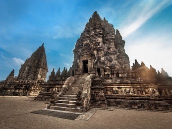 prambanan temple at sunset, central java, indonesia.