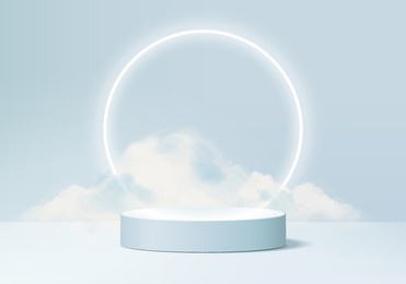 cloud background vector 3d blue rendering with podium and iceberg scene, minimal product display background 3d rendered geometric shape sky cloud blue pastel. stage 3d render product in platform