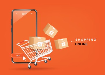 parcel boxes, shopping carts, and smartphones were floating above the ground and all object on orange background for shopping online concept design,vector 3d for advertising design