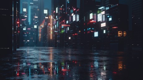 3d rendering of billboards and advertisement signs at modern buildings in capital city with light reflection from puddles on street. concept for night life, never sleep business district center (cbd)