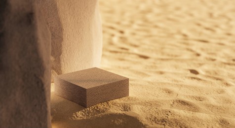 stone podium with rock and sand for product promotion and cosmetics display, sunshade on the desert scene, natural beauty pedestal, and minimal copy space banner. realistic rendering. 3d illustration.