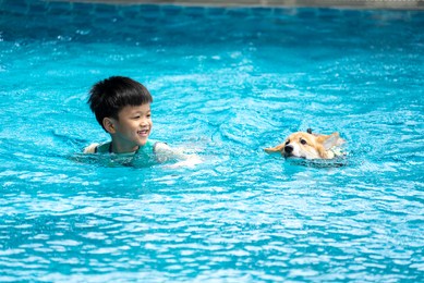 asian boy and corgi dog puppy play at the swimming pool