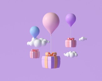 3d flying gift box with balloons, online shopping, greeting, and celebrate concept. 3d render illustration