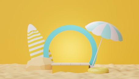 3d podium stand for product presentation with summer concept. pedestal platform for cosmetic advertising.