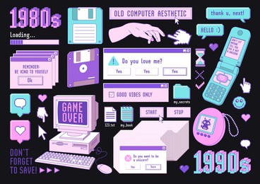 sticker pack of retro pc elements. old computer aestethic. set of user interface elements and technology illustration in trendy retrowave style. nostalgia for 1980s -1990s.