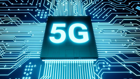 5g support microchip on smartphone circuit board, smart iot communication microprocessor, 3d rendering futuristic fast real time mobile network internet technology concept background